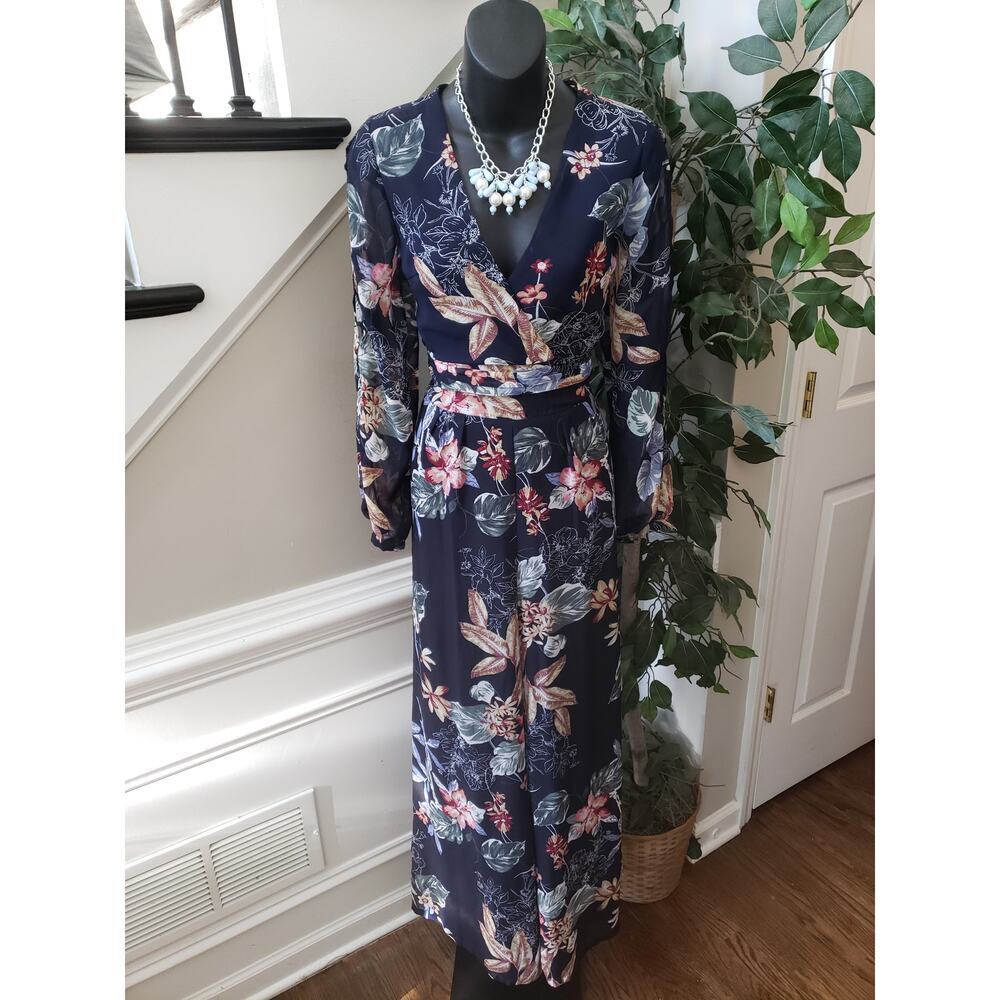 Papaya Two Piece Medium Navy Floral Print Chiffon Slit Sleeve Empire Waist